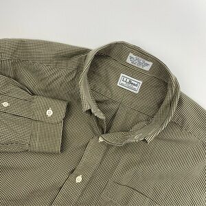 LL Bean DressShirt Mens 16.5 Green Gingham Check Single Needle Tailoring Cabin